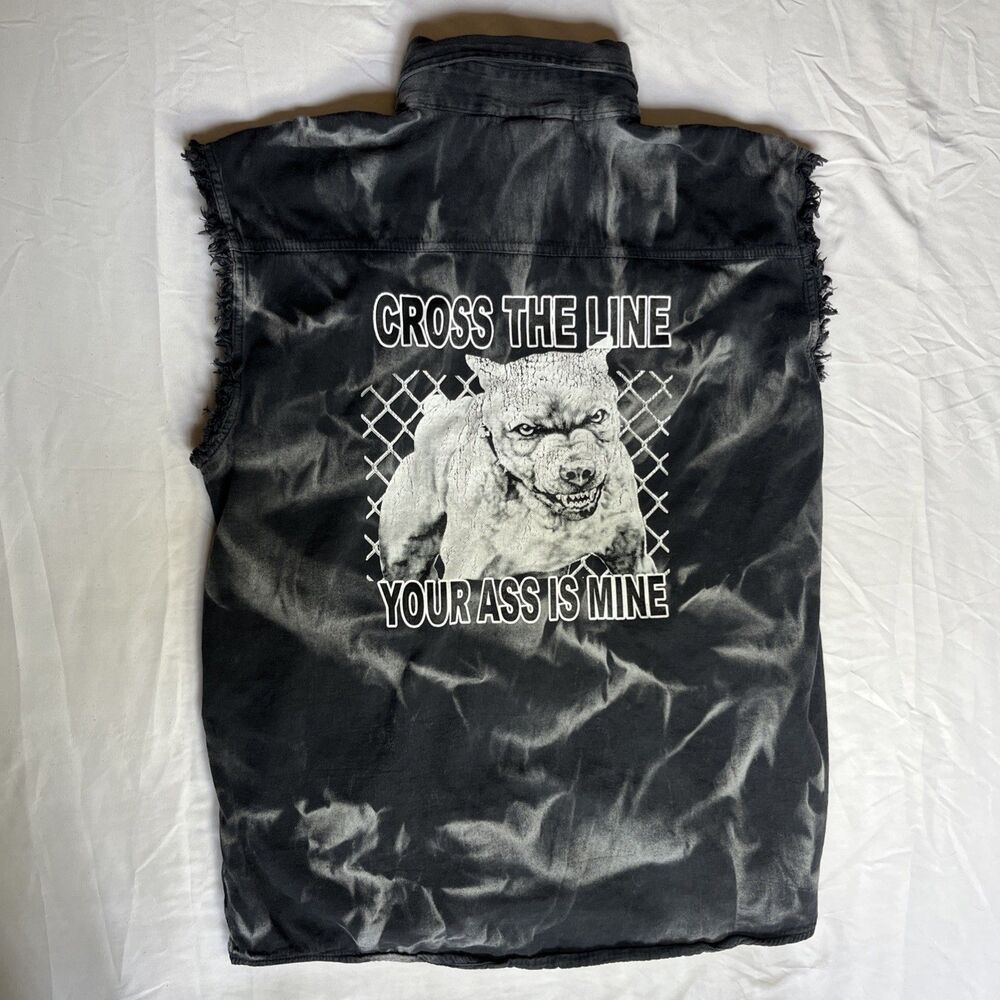 Y2K Biker Wear USA Vest Grey Acid Wash Biker Distressed Logo Men’s 2XL